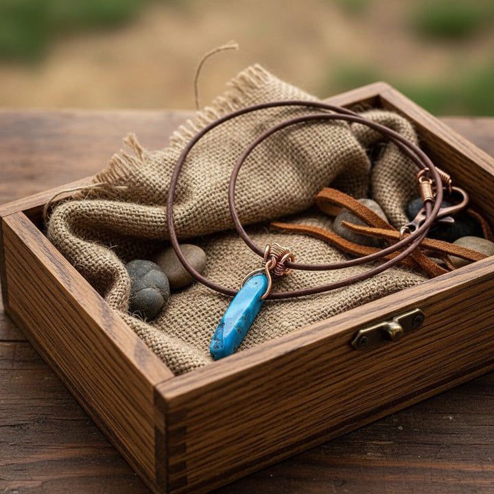 Wire Wrapped Pointed Turquoise Agate Leather Necklace displayed in a wooden box with stones and fabric.