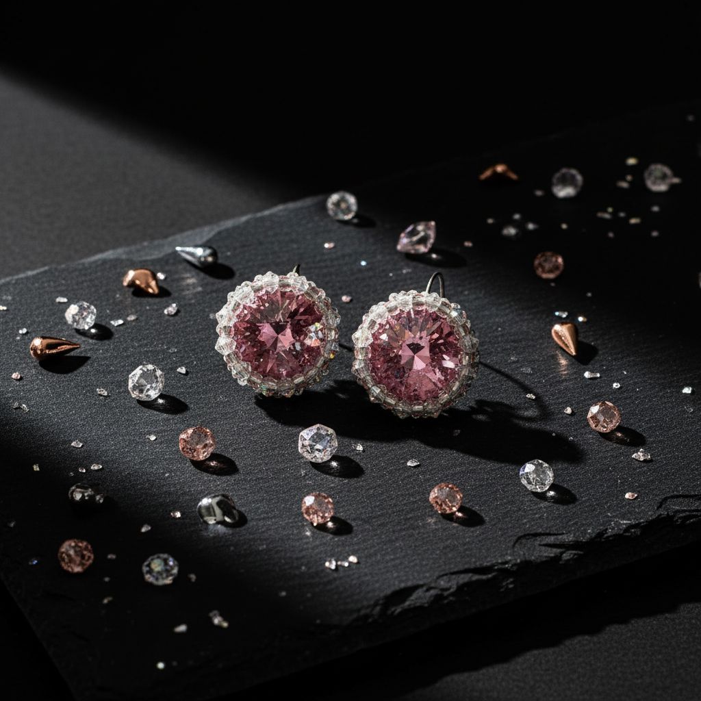 Handmade Beaded Bezel Pink Crystal Halo Earrings on a dark surface with sparkling crystals around them.