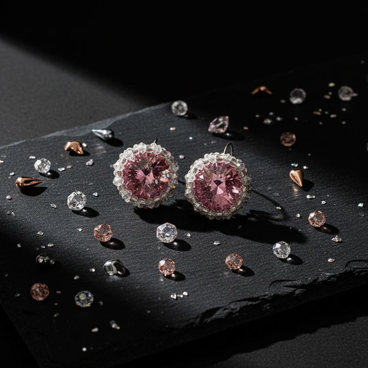 Handmade Beaded Bezel Pink Crystal Halo Earrings on a dark surface with sparkling crystals around them.