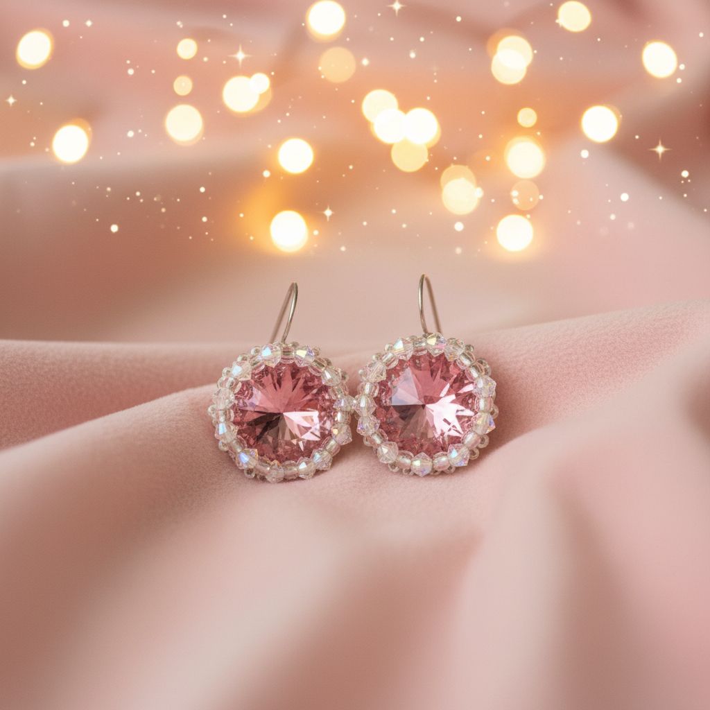 Handmade Beaded Bezel Pink Crystal Halo Earrings with pink Swarovski crystals on a soft pink background.