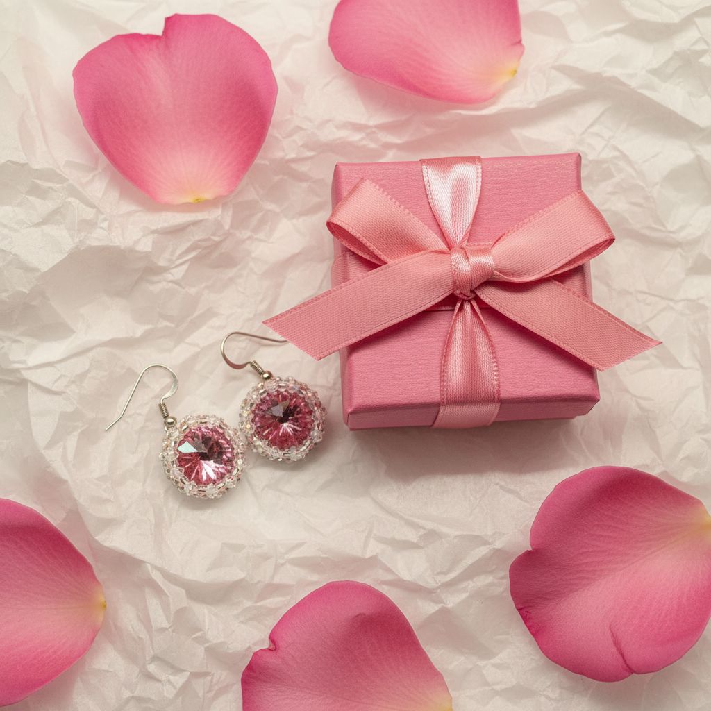 Handmade Beaded Bezel Pink Crystal Halo Earrings displayed with a pink gift box and rose petals.