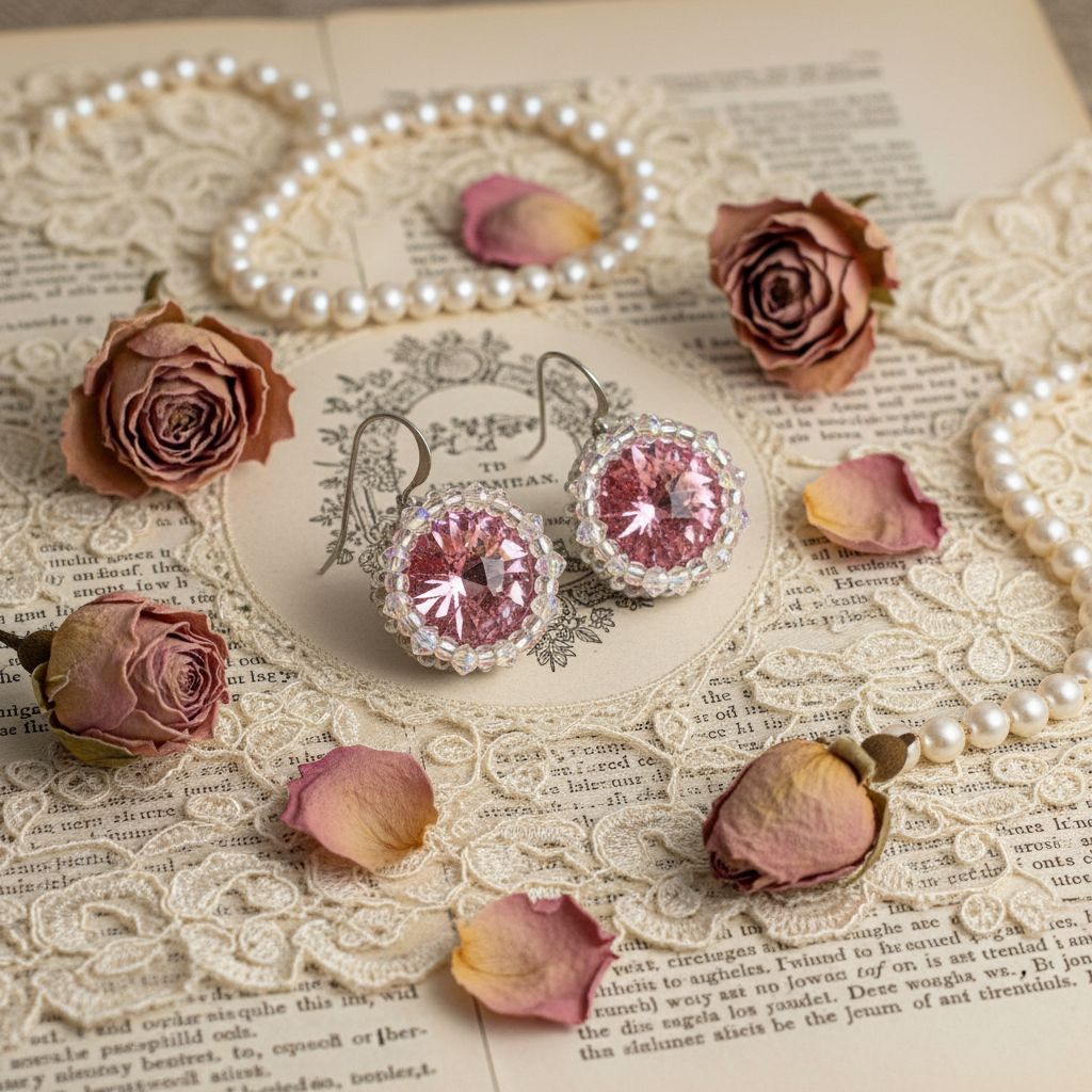 Handmade Beaded Bezel Pink Crystal Halo Earrings on vintage lace with dried roses and pearls.