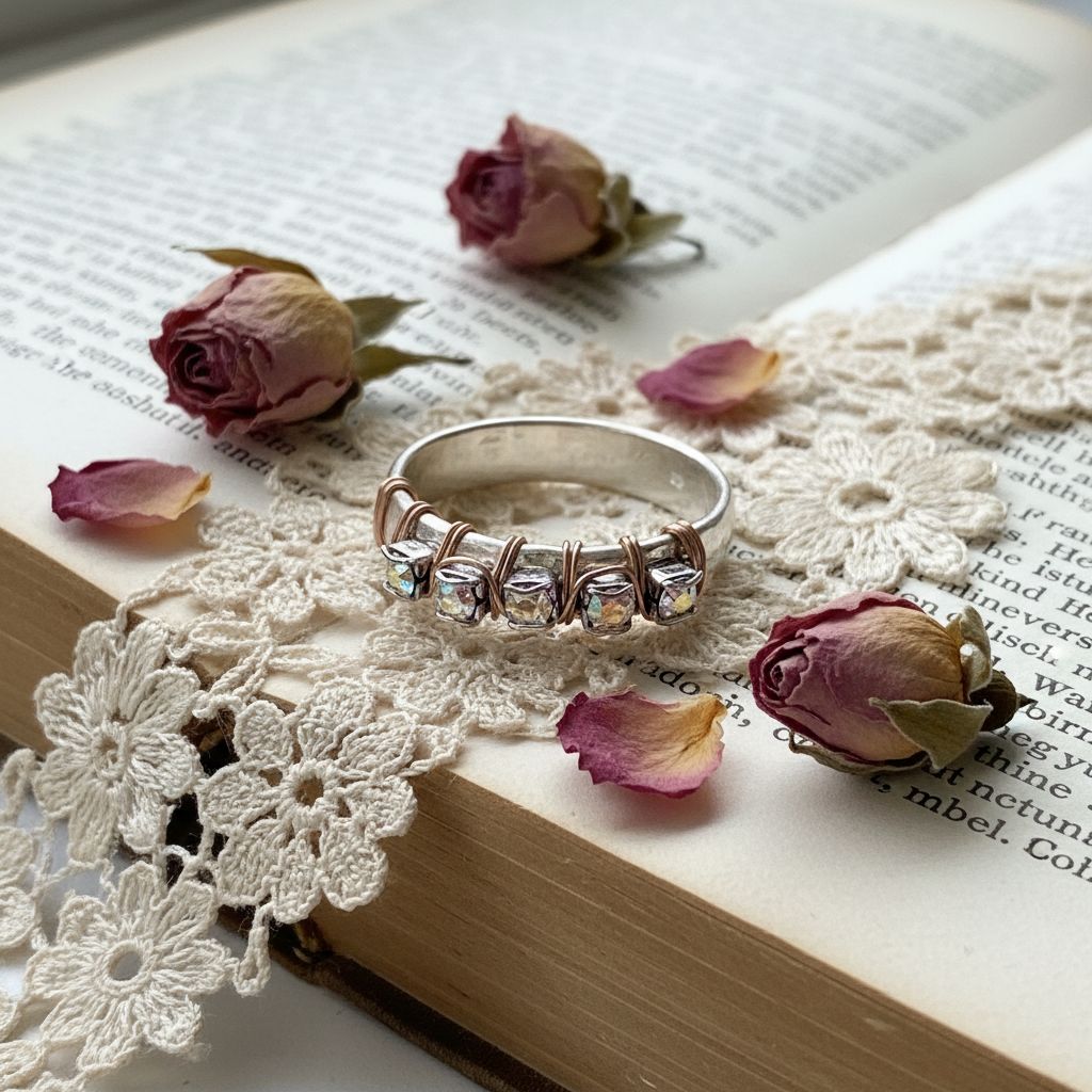 Rose Gold Filled Wire Wrapped Sparkly Crystal Bling Ring on lace with dried roses and an open book.