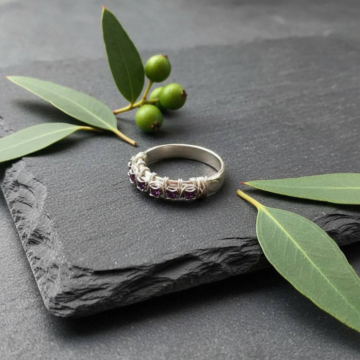 Sterling Silver Hammered Amethyst Rhinestone Bling Ring