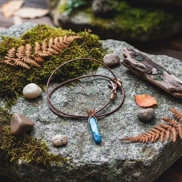 Wire Wrapped Pointed Turquoise Agate Leather Necklace resting on a mossy rock with pebbles and leaves.