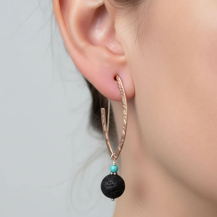 Hammered Pointed Oval Hoop Lava Rock Bead Earrings