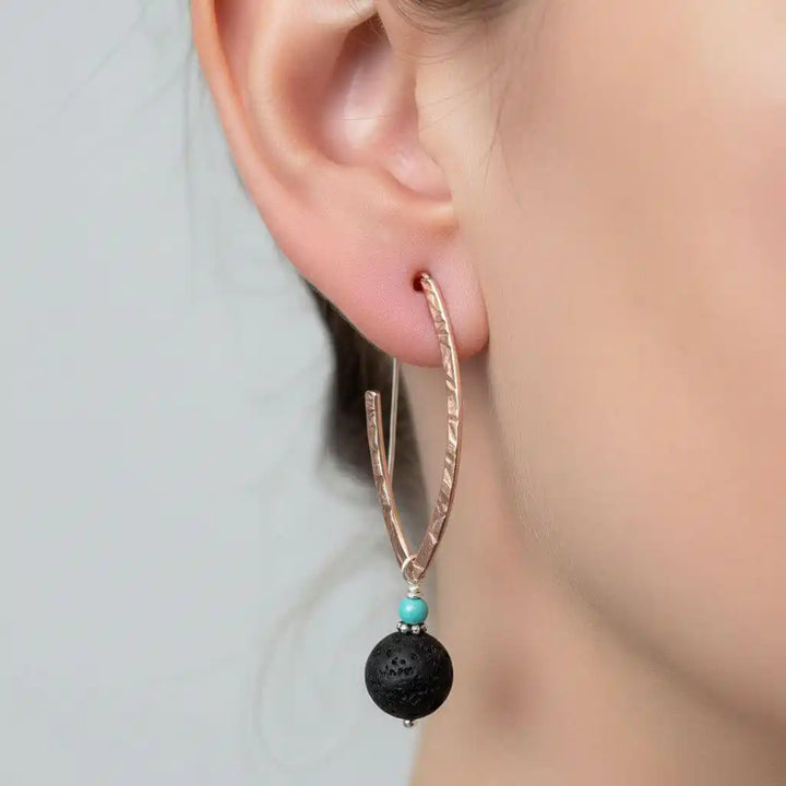 Hammered Pointed Oval Hoop Lava Rock Bead Earrings with turquoise gemstone and lava rock bead