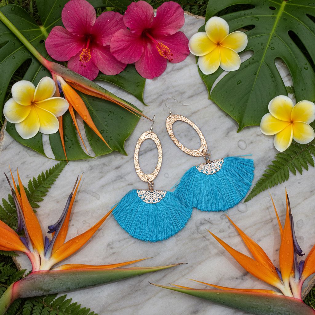 Long Copper Embossed Aqua Brushed Silk Fan Tassel Earrings displayed with tropical flowers and leaves.