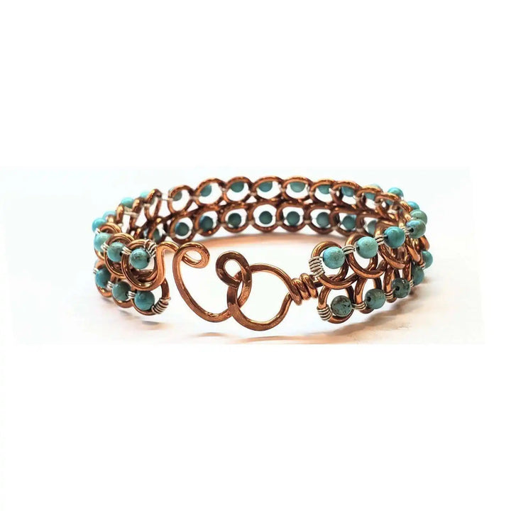 Wire Wrapped Turquoise Copper Infinity Heart Closure Bangle showcasing turquoise beads and heart-shaped closure.