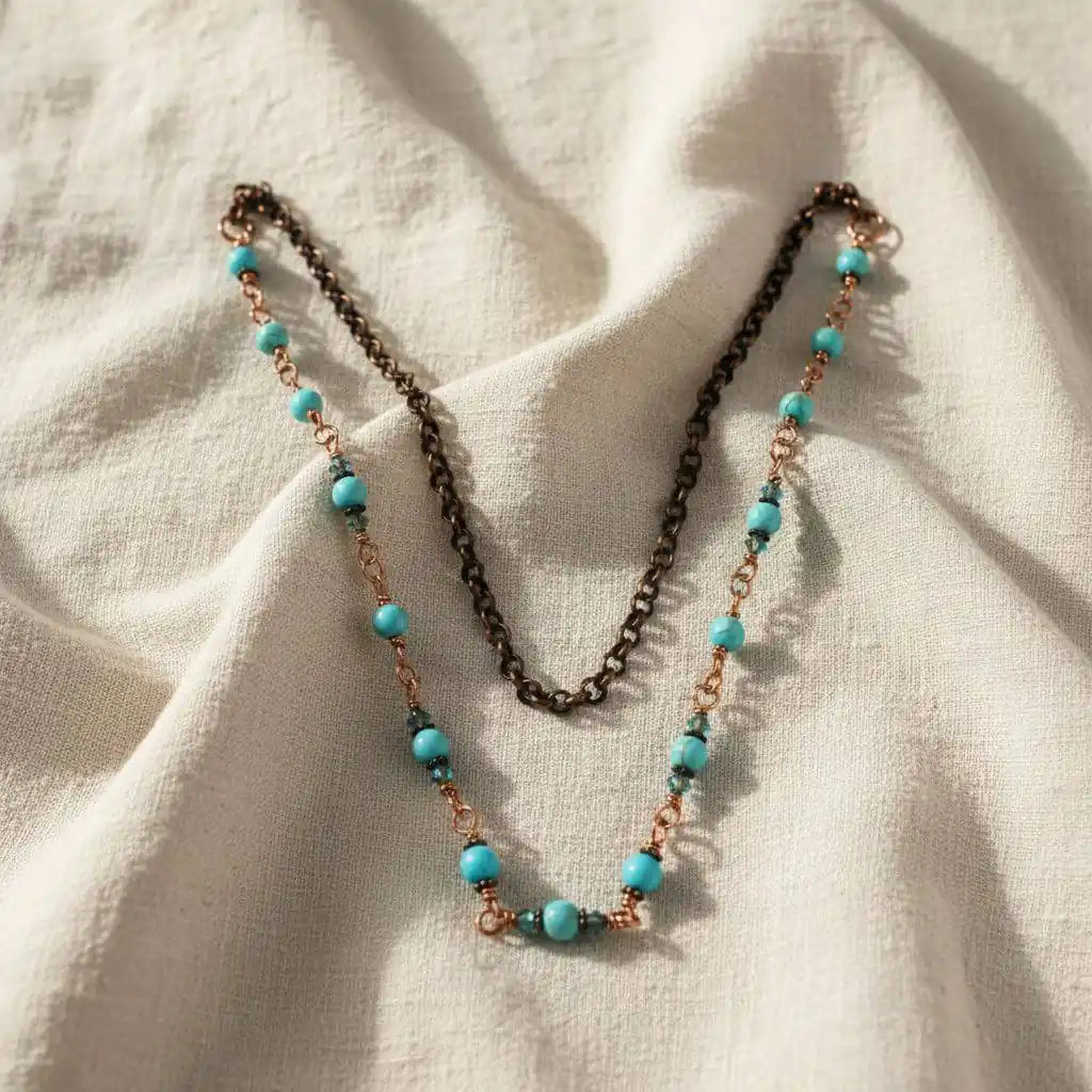 Wire Wrapped 24 Inches Copper Turquoise Necklace showcasing turquoise beads and copper links on a soft background.