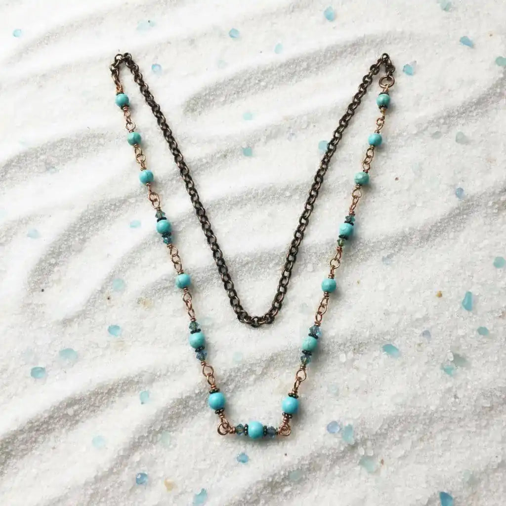 Wire Wrapped 24 Inches Copper Turquoise Necklace showcasing turquoise gemstones and antiqued copper links.