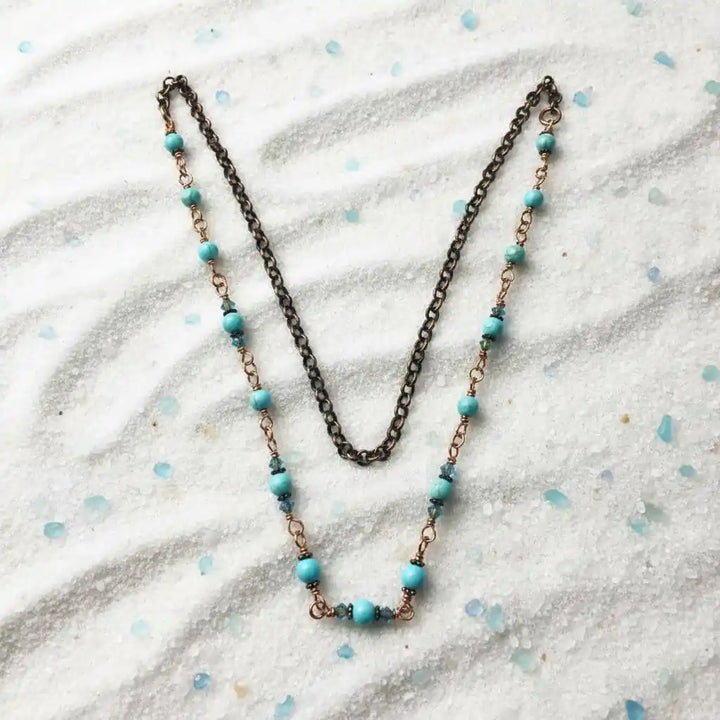 Wire Wrapped 24 Inches Copper Turquoise Necklace showcasing turquoise gemstones and antiqued copper links.