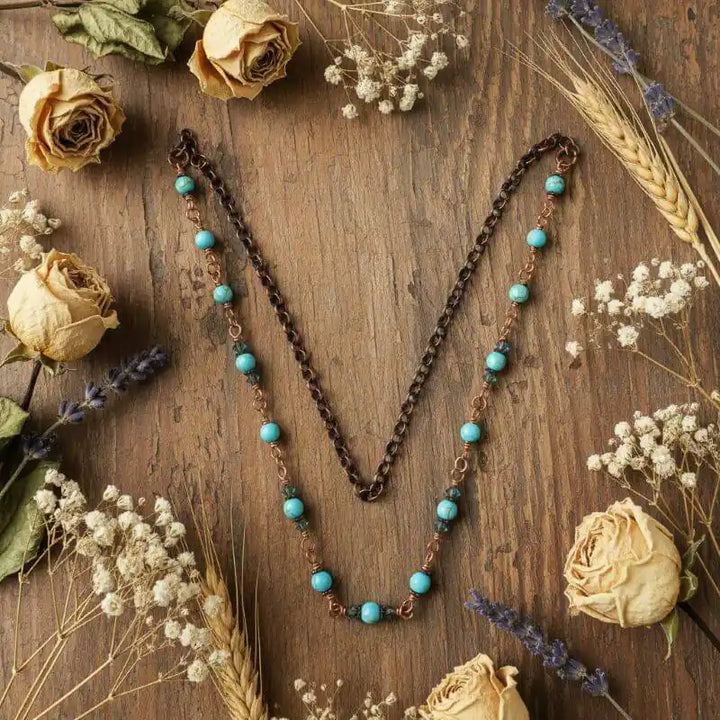 Wire Wrapped 24 Inches Copper Turquoise Necklace featuring turquoise gemstones and antiqued copper links.