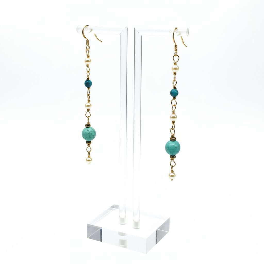 Long 14 K Gold Filled Turquoise Pearl Earrings