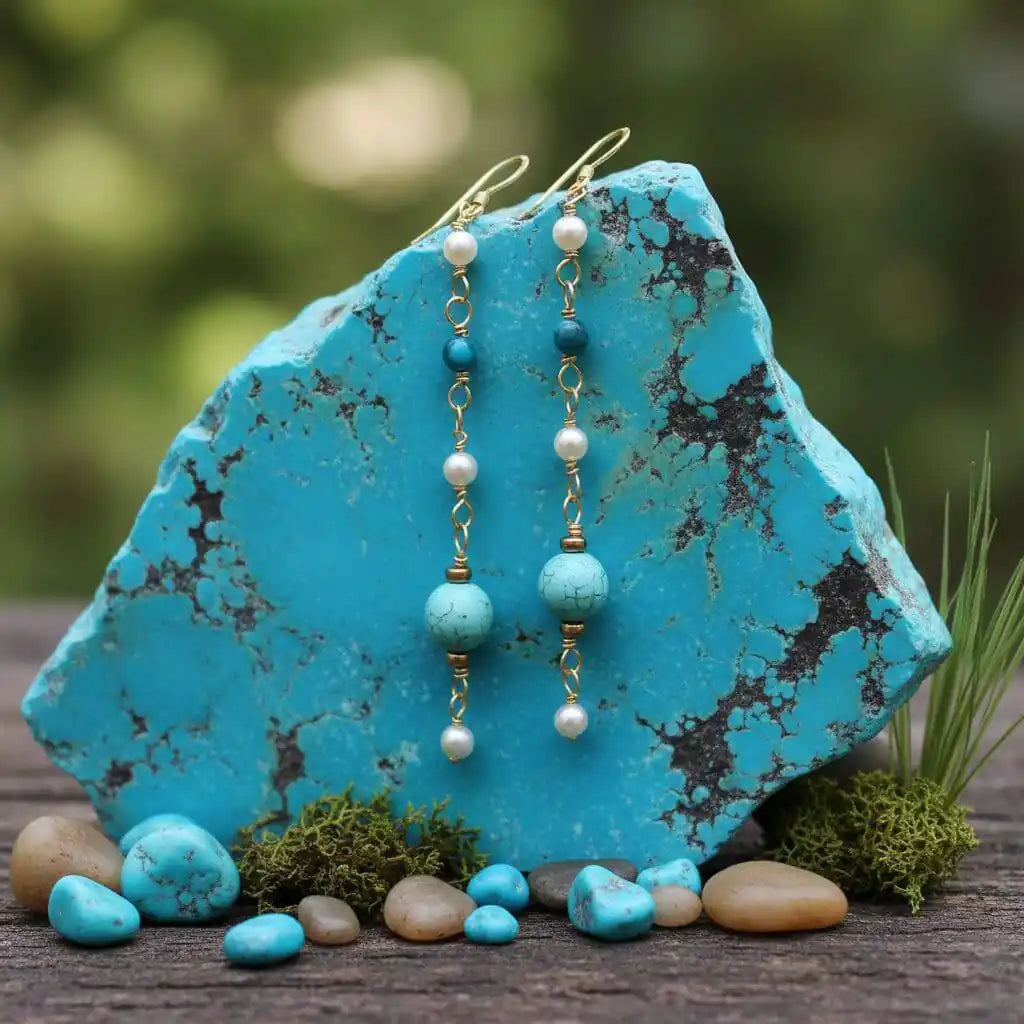 Long 14 K Gold Filled Turquoise Pearl Earrings displayed against a turquoise stone background.