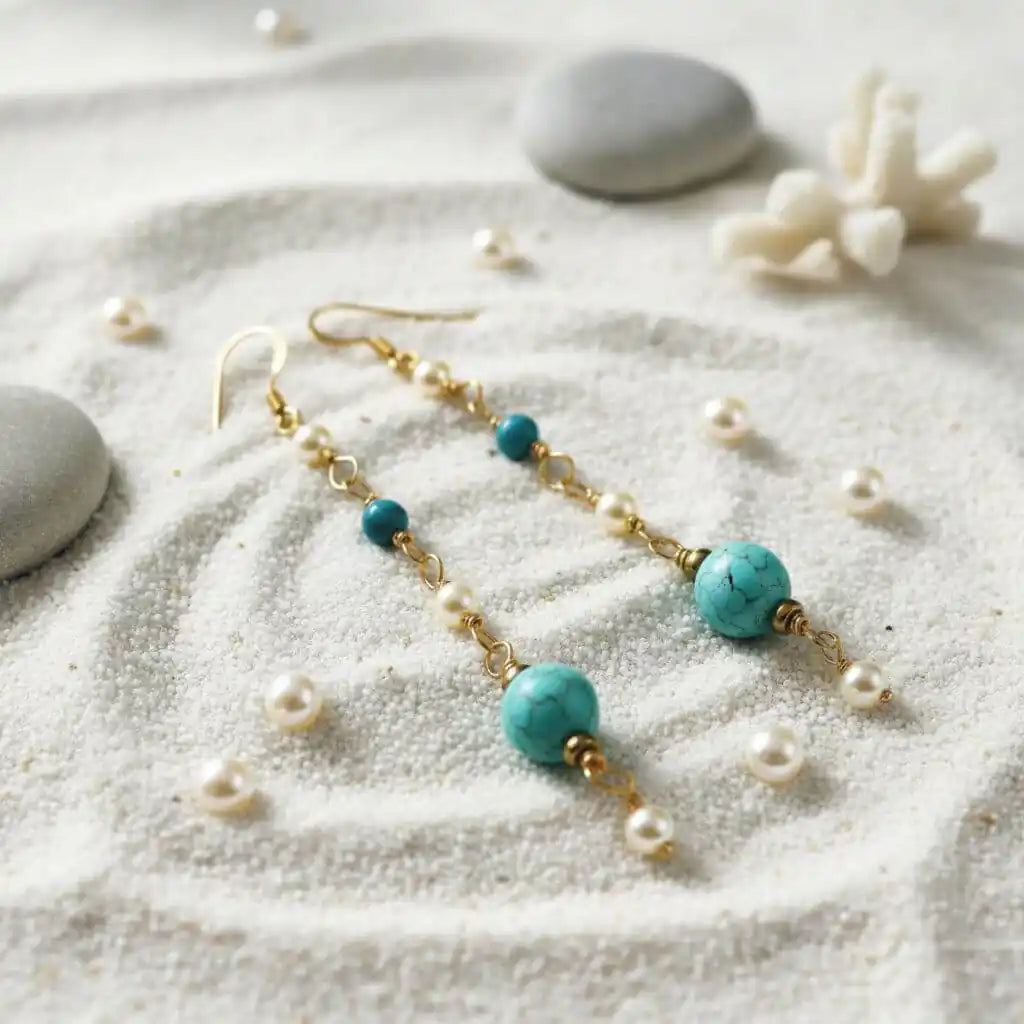 Long 14 K Gold Filled Turquoise Pearl Earrings displayed on sand with pearls and stones.