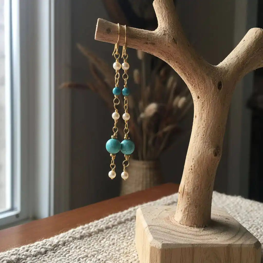 Long 14 K Gold Filled Turquoise Pearl Earrings displayed on a modern jewelry stand with natural decor.