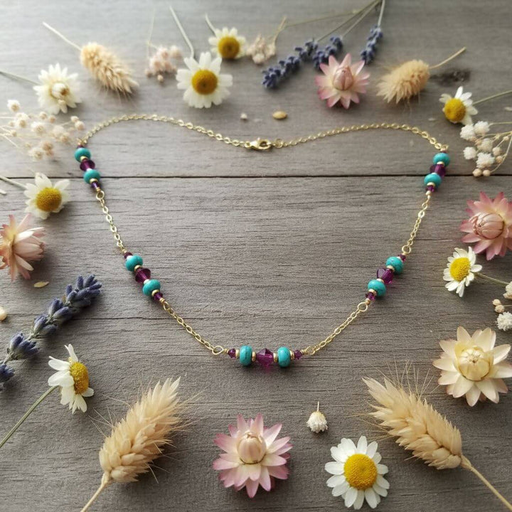 Super Dainty Wire Wrapped Gold Filled Pink Turquoise Gemstone Necklace