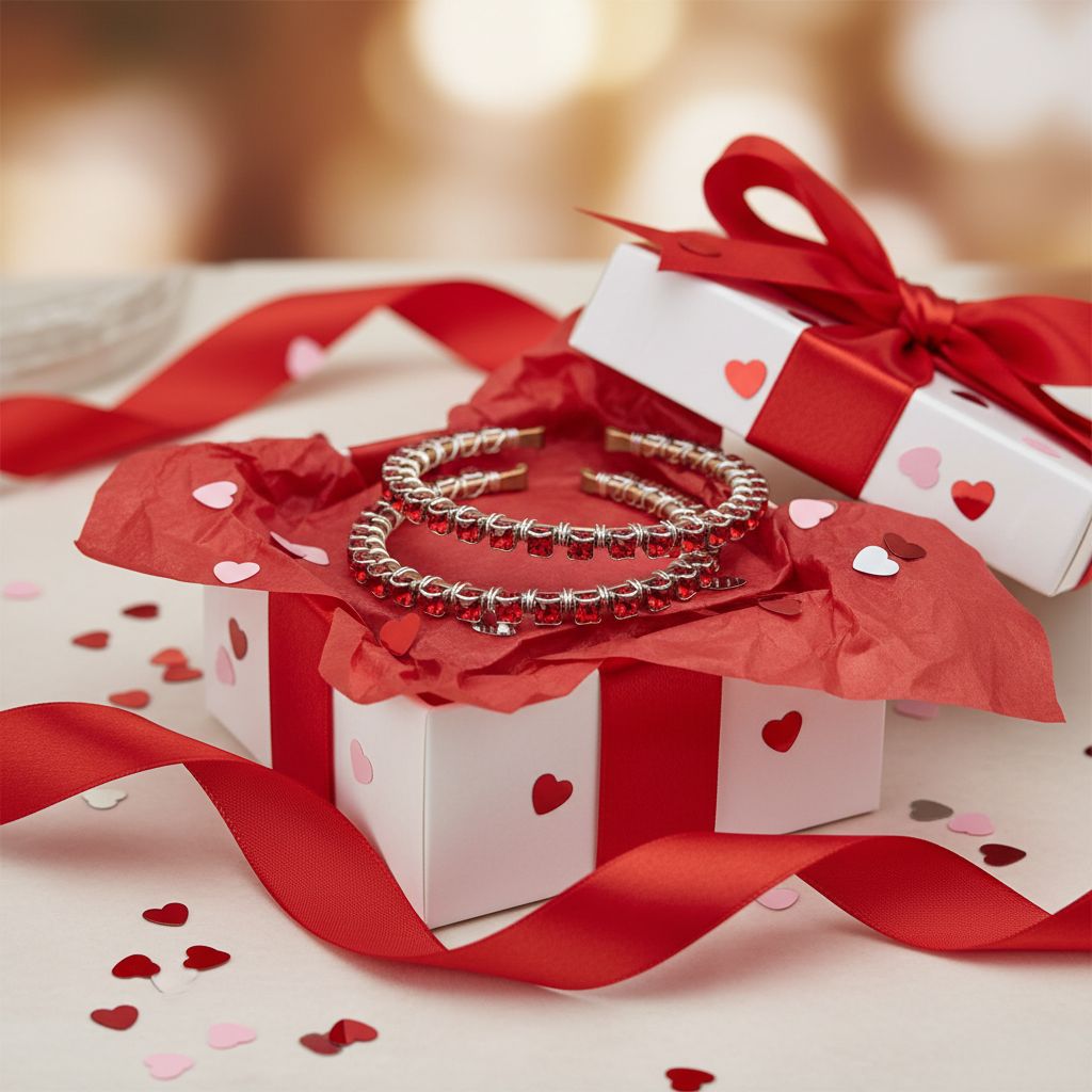 Wire Wrapped Red Crystal Tennis Bracelet Bangle presented in a gift box with red ribbons and heart-shaped confetti.