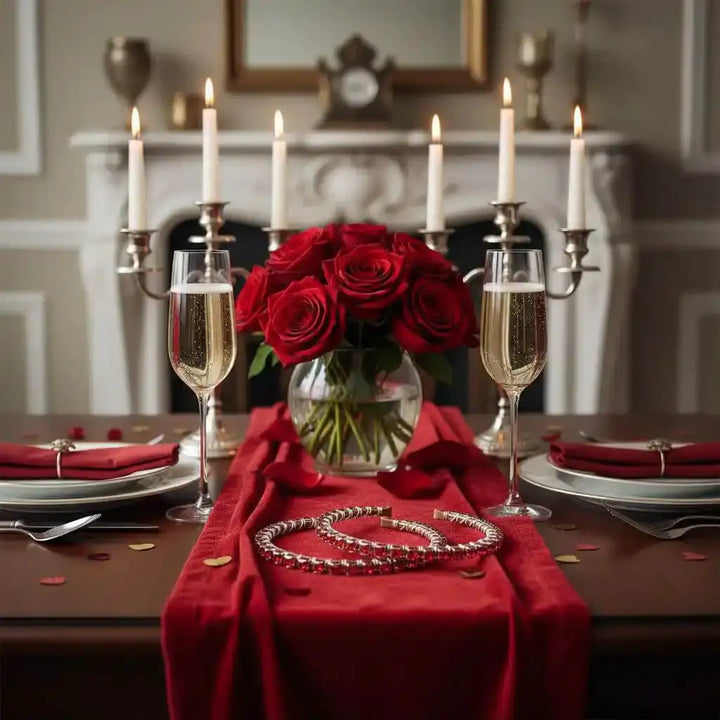 Wire Wrapped Red Crystal Tennis Bracelet Bangle elegantly displayed on a romantic dining table with roses and candles.