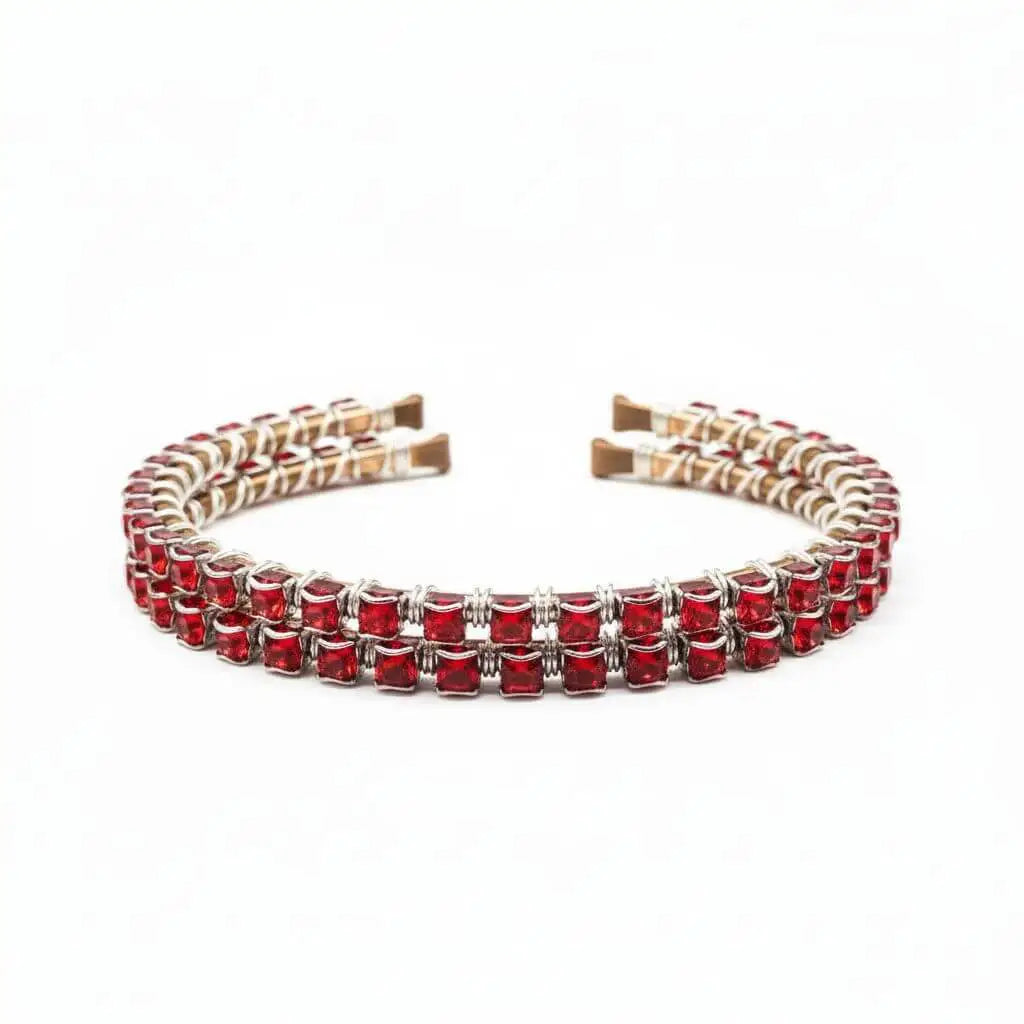 Wire Wrapped Red Crystal Tennis Bracelet Bangle with sparkling red Swarovski crystals, showcasing artisan craftsmanship.