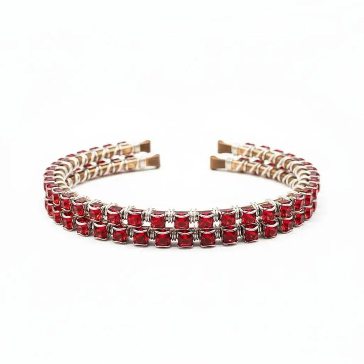 Wire Wrapped Red Crystal Tennis Bracelet Bangle with sparkling red Swarovski crystals, showcasing artisan craftsmanship.