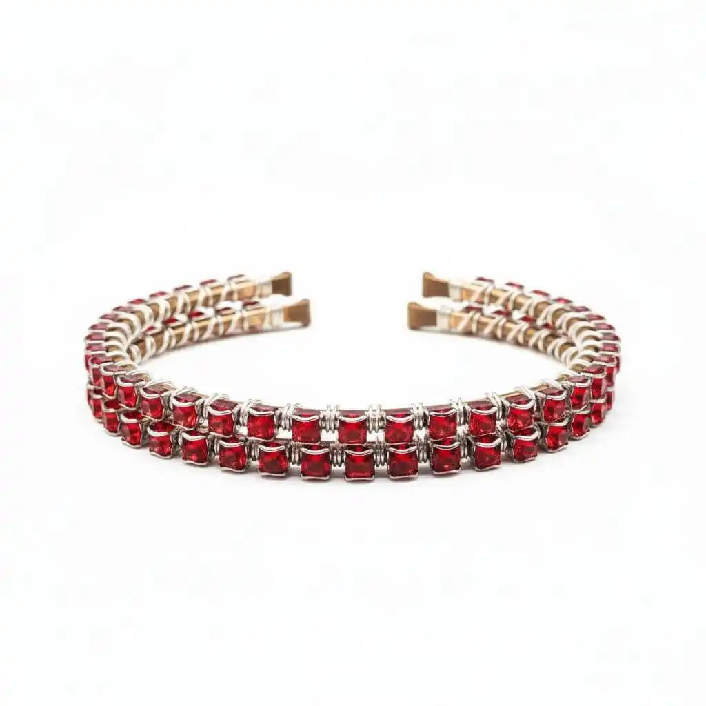 Wire Wrapped Red Crystal Tennis Bracelet Bangle showcasing sparkling red Swarovski crystals in a handcrafted design.