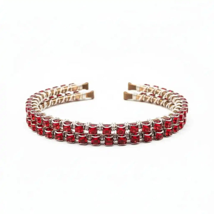 Wire Wrapped Red Crystal Tennis Bracelet Bangle showcasing sparkling red Swarovski crystals in a handcrafted design.