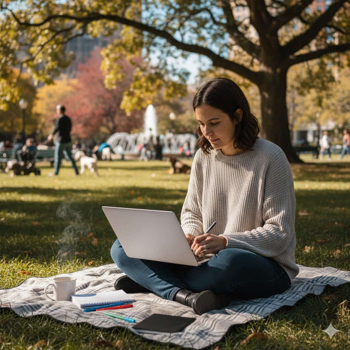 A person sitting on a blanket in a park working on a laptop, showcasing Alexa Martha Designs Sponsored Blog Post Charge.