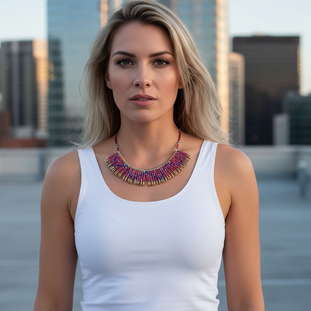 Sparkly Beaded Red Blue Swarovski Crystal Zig Zag Safety Pin Bib Choker Necklace