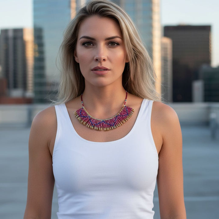 Sparkly Beaded Red Blue Swarovski Crystal Zig Zag Safety Pin Bib Choker Necklace