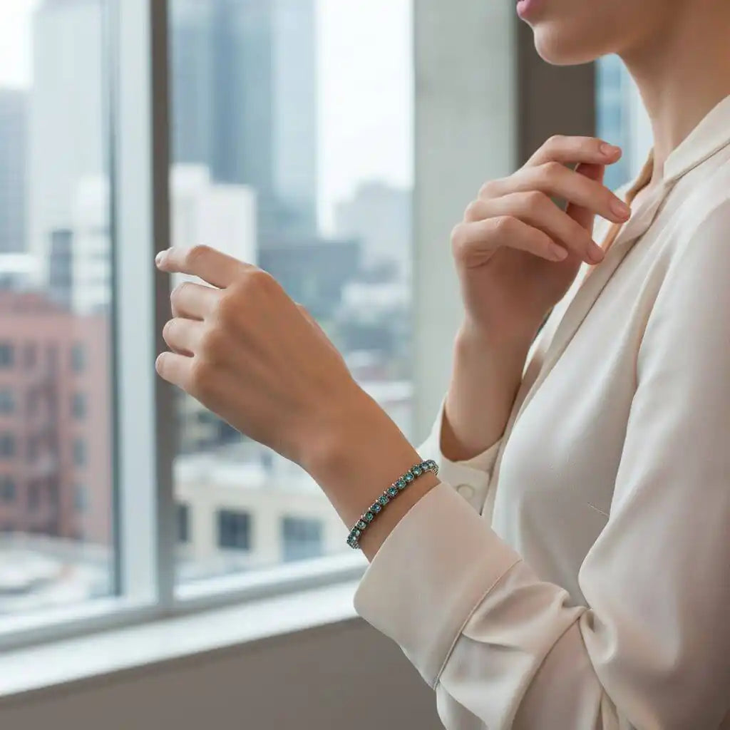 Wire Wrapped Turquoise Crystal Tennis Bangle Bracelet worn by a woman near a window overlooking a city.