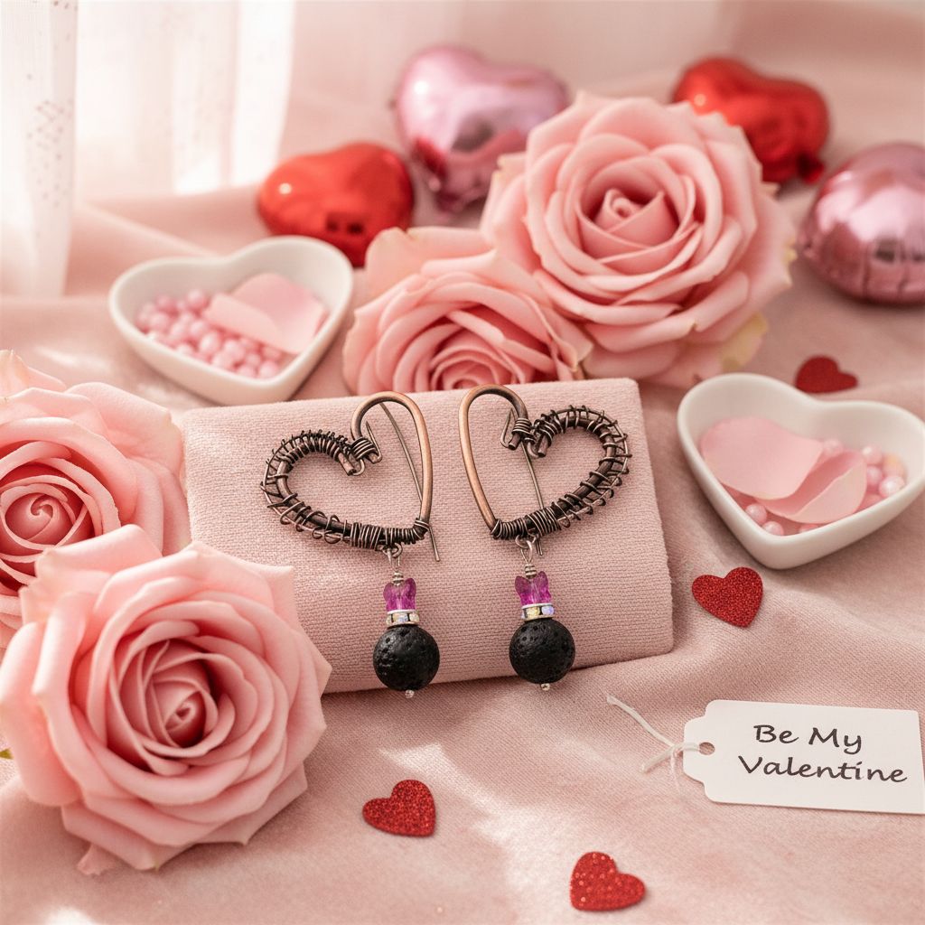Copper Sculpted Heart Hoop Crystal Butterfly Lava Rock Earrings displayed with pink roses and heart decorations.