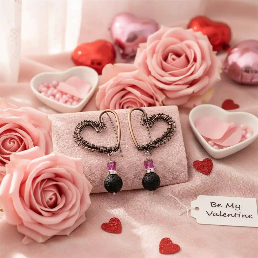 Copper Sculpted Heart Hoop Crystal Lava Rock Earrings displayed on a soft pink fabric with roses and Valentine&