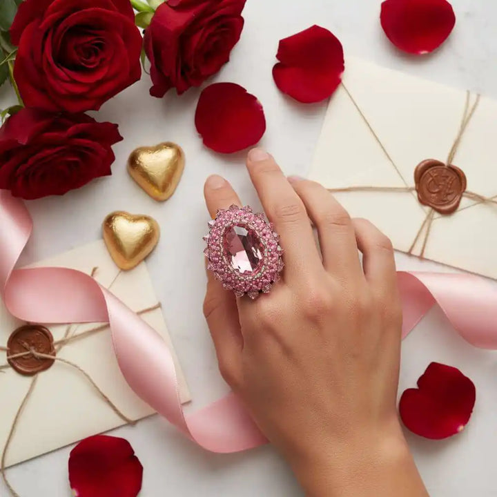 Epic Beaded Rose Crystal Bling Cocktail Ring on hand surrounded by roses and romantic decorations