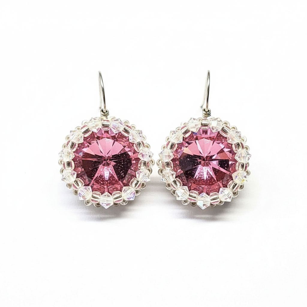 Handmade Beaded Bezel Pink Crystal Halo Earrings with rose pink Swarovski crystal and delicate beaded halo.