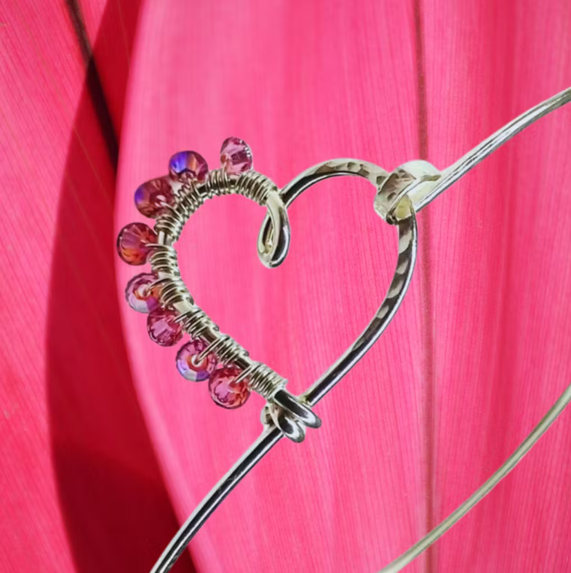 Wire Wrapped Solid Sterling Silver Bangle high quality w/Artisan Artisan Glass, Ethnic Beads & Sterling Silver Flower, Heart, Leaves And Bouquet Charms