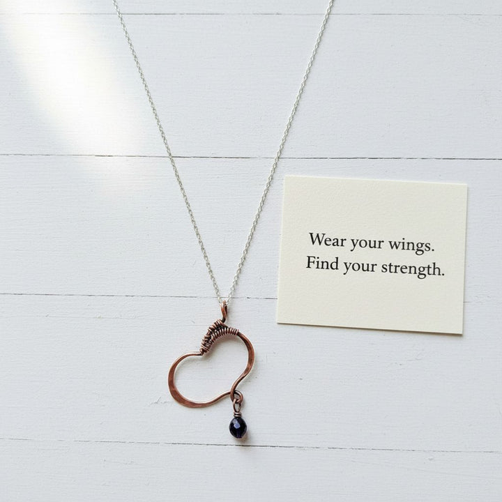 Hammered Copper Butterfly Wing Child Abuse Survivor Necklace with card that says "Wear your wings. Find your strength."