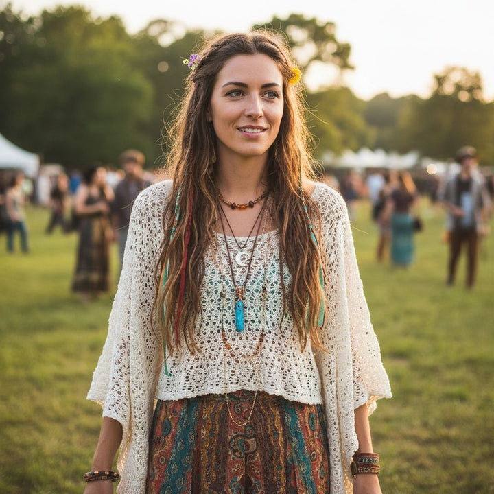 Woman in bohemian outfit wearing a Wire Wrapped Pointed Turquoise Agate Leather Necklace at a festival.