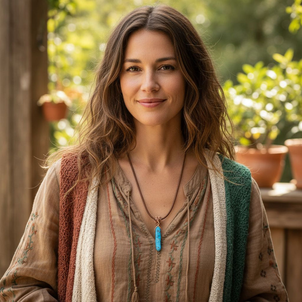 Wire Wrapped Pointed Turquoise Agate Leather Necklace showcased on a model in a bohemian style setting.