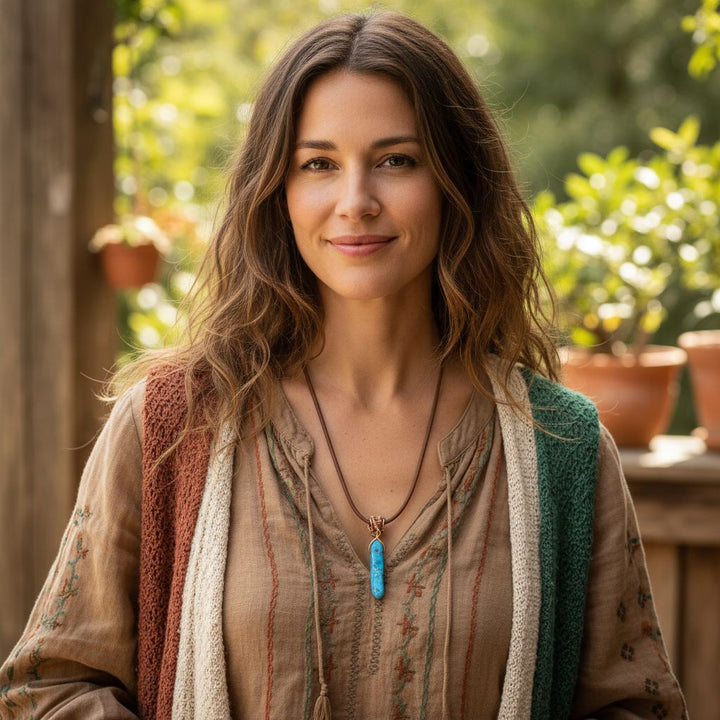 Wire Wrapped Pointed Turquoise Agate Leather Necklace showcased on a model in a bohemian style setting.