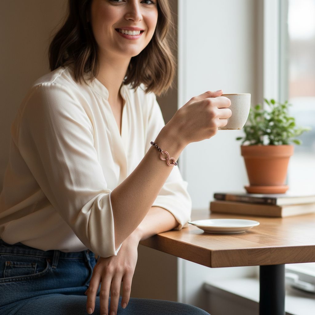 Wire Sculpted Copper Double Infinity Chain Bracelet worn by smiling woman holding a cup in a cozy setting.