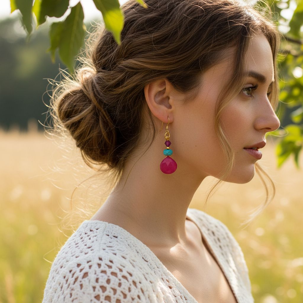 Woman wearing Gold Filled Wire Wrapped Pink And Aqua Gemstone Earrings in a field, showcasing vibrant colors and handmade elegance.