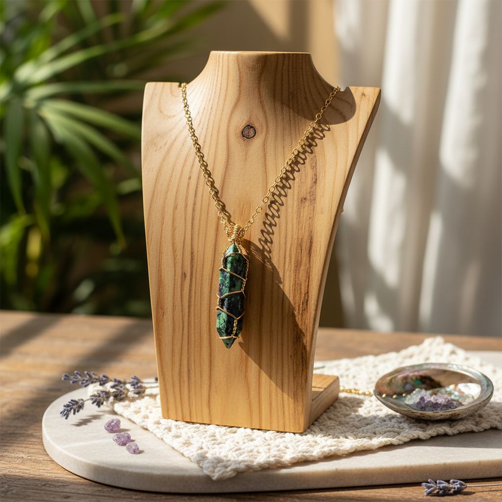 Gold Wire Caged In Ruby In Zoisite Pointed Crystal Necklace displayed on a wooden bust surrounded by nature.