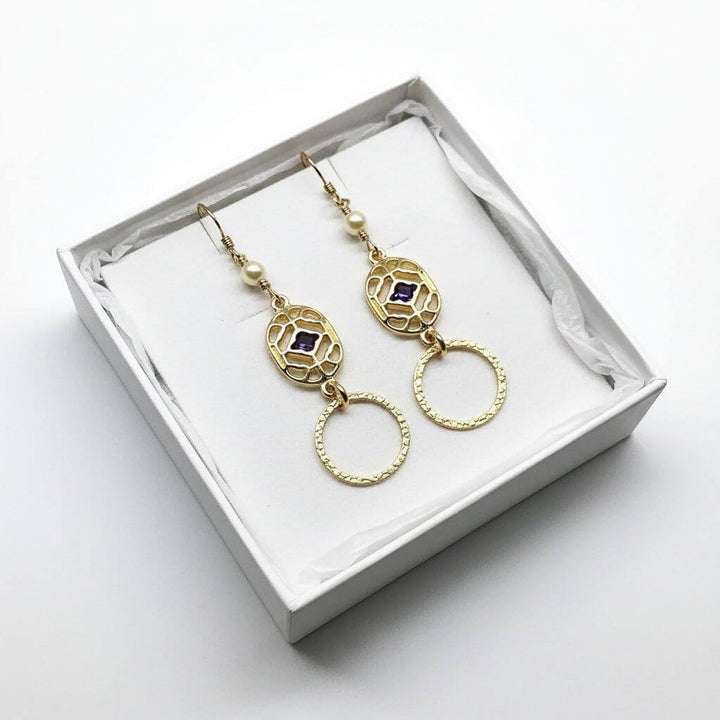 14 K Gold Filled Purple Crystal Hammered Circle Filigree Earrings