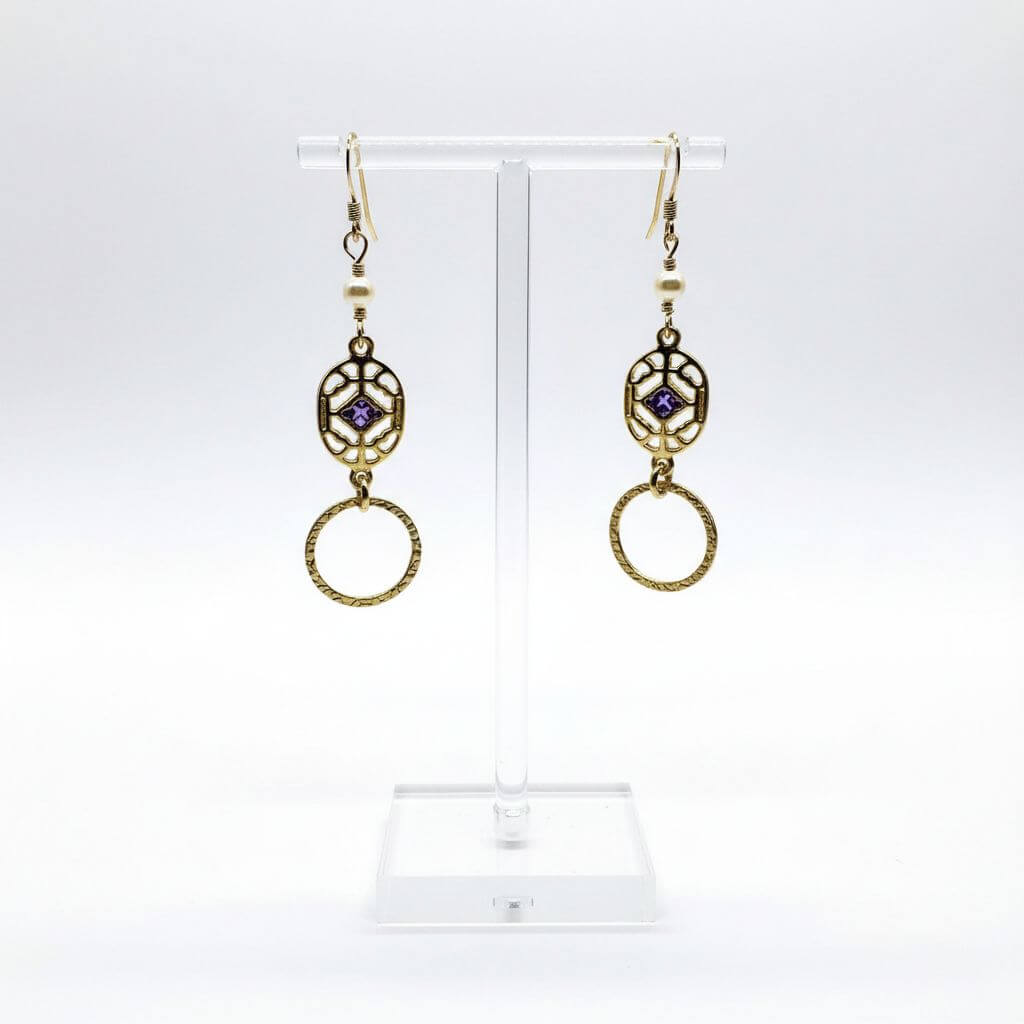 14 K Gold Filled Purple Crystal Hammered Circle Filigree Earrings