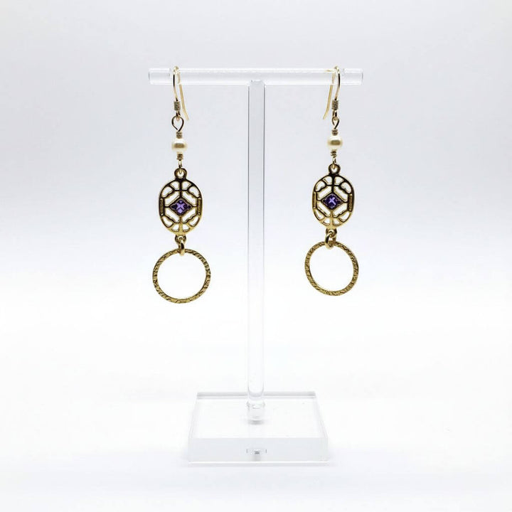 14 K Gold Filled Purple Crystal Hammered Circle Filigree Earrings