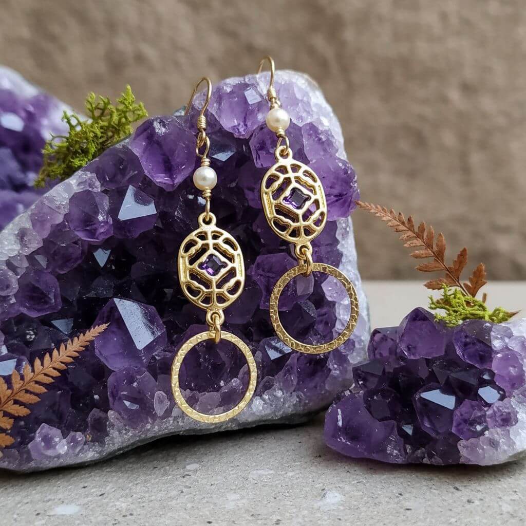 14 K Gold Filled Purple Crystal Hammered Circle Filigree Earrings