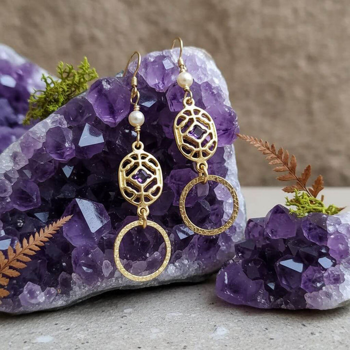 14 K Gold Filled Purple Crystal Hammered Circle Filigree Earrings