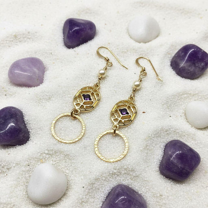 14 K Gold Filled Purple Crystal Hammered Circle Filigree Earrings